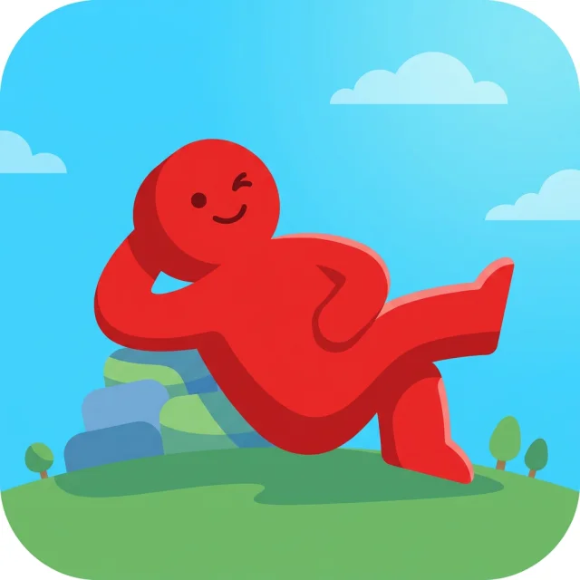 Lazy Meeple, the app's mascot: a giant red meeple lounging on a rock in a green field, dwarfing the trees behind it