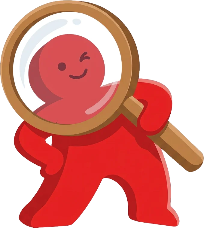 Lazy Meeple searching with a magnifying glass