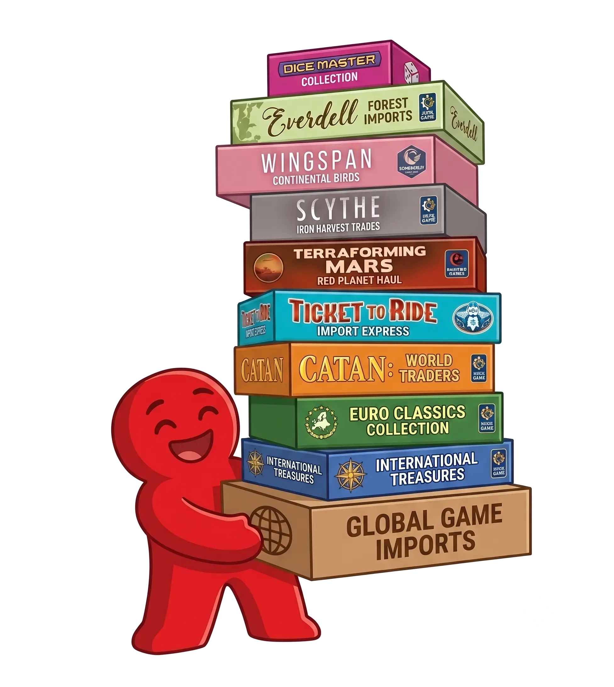 Lazy Meeple carrying a stack of imported games