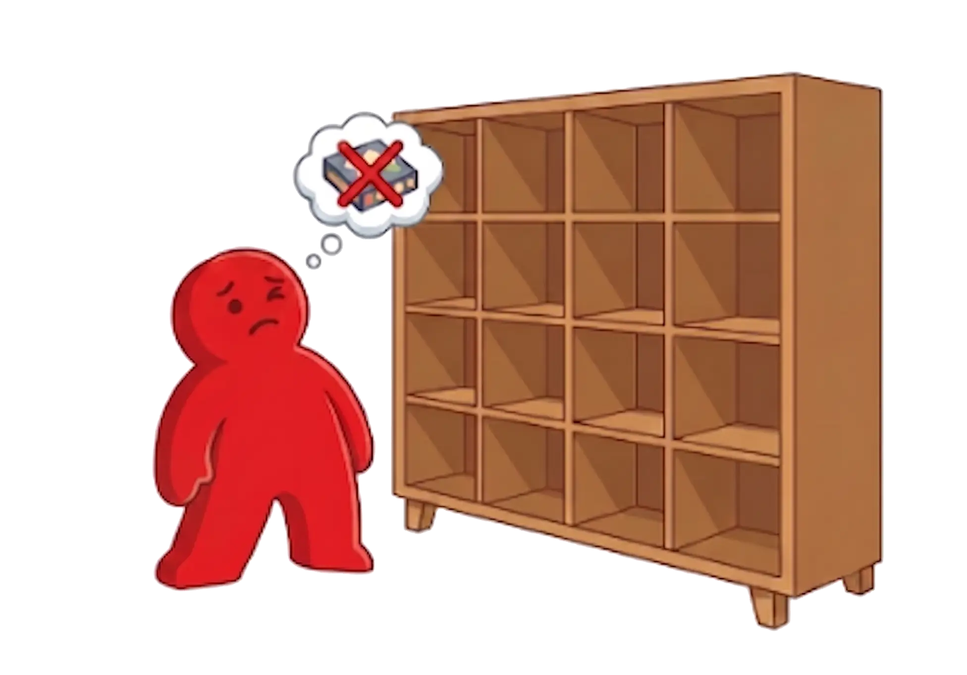 Lazy Meeple staring at a shelf of unplayed games